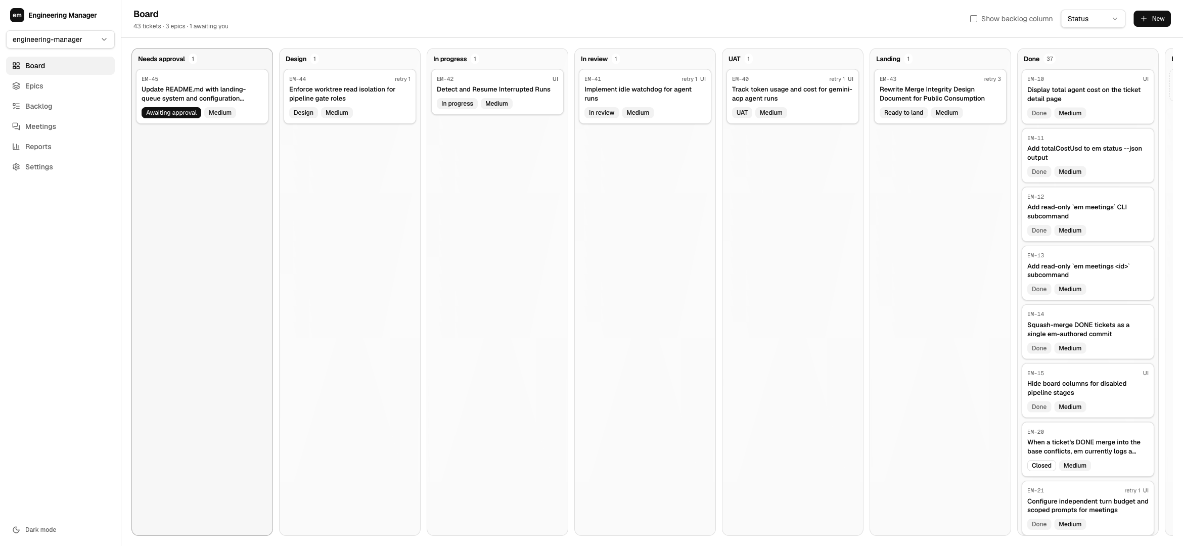 The emorg dashboard board view in grayscale: ticket columns from Needs approval through Design, In progress, In review, UAT, Landing, and Done, with tickets in each.